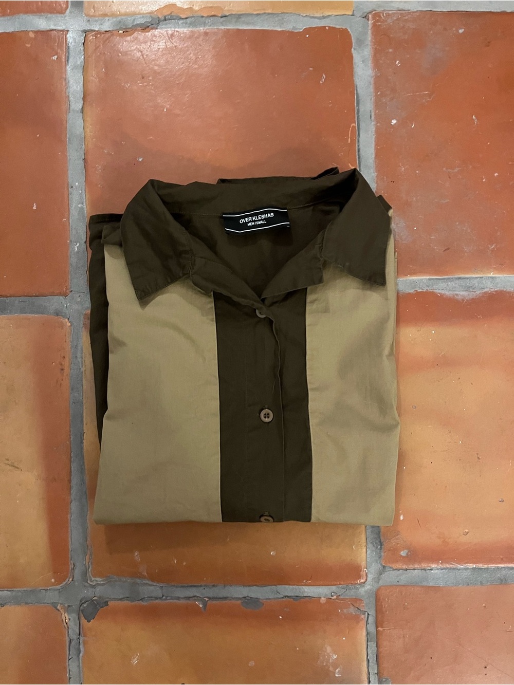 Mens Two-Tone Brown & Khaki Button-Up Short Sleeve Shirt